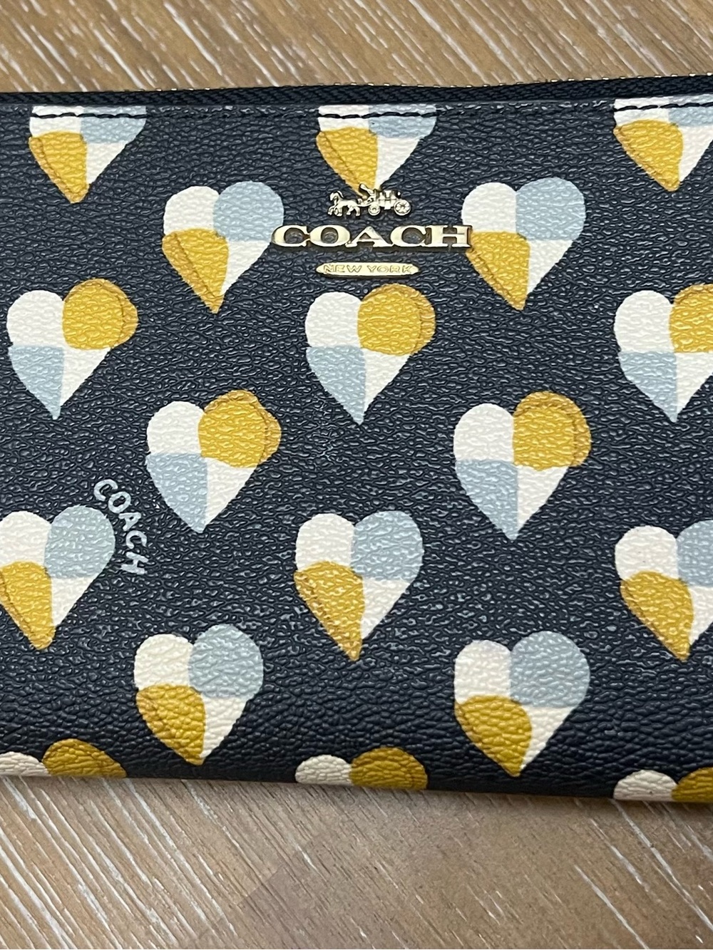 Coach Navy Heart-Print Zip Wallet in Yellow, Light Blue, White